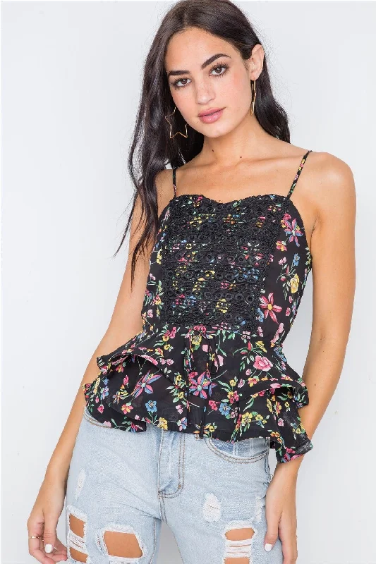 CamisoleCanyonMulti Black Floral Cami Flounce Crochet Top /2-2-2