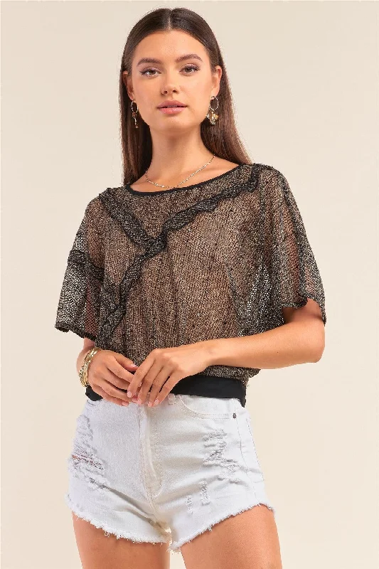 Sequin Net Frill Detail Round Neck Relaxed Fit Mesh Hem Top /1-2-2-1