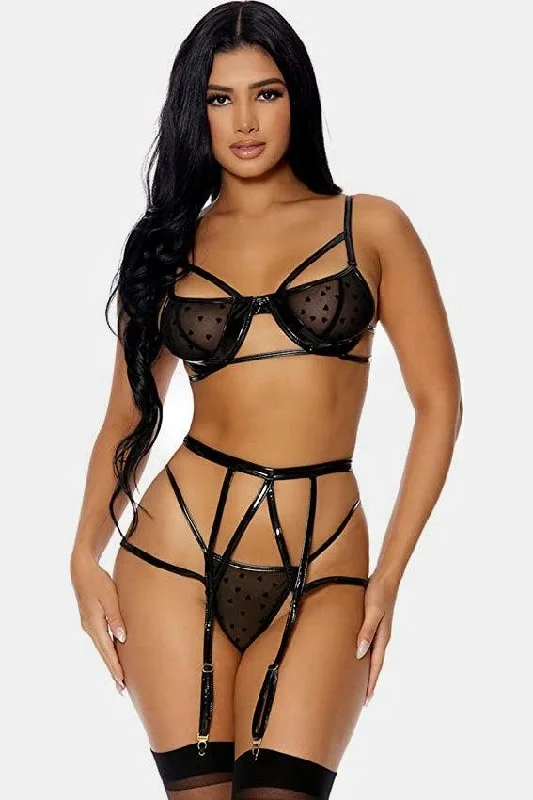 Black Heart Mesh Vinyl Three Piece Set Lingerie