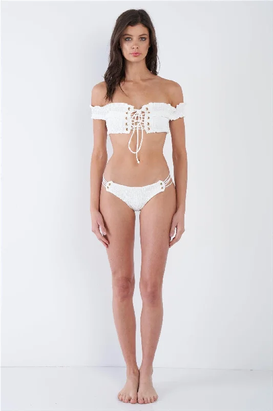 Embellished bikiniWhite Retro Off-The-Shoulder Lace Up Two Piece Bikini Set /3-2