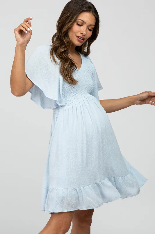 Light Blue Smocked Front Ruffle Hem Maternity DressHiking Dress