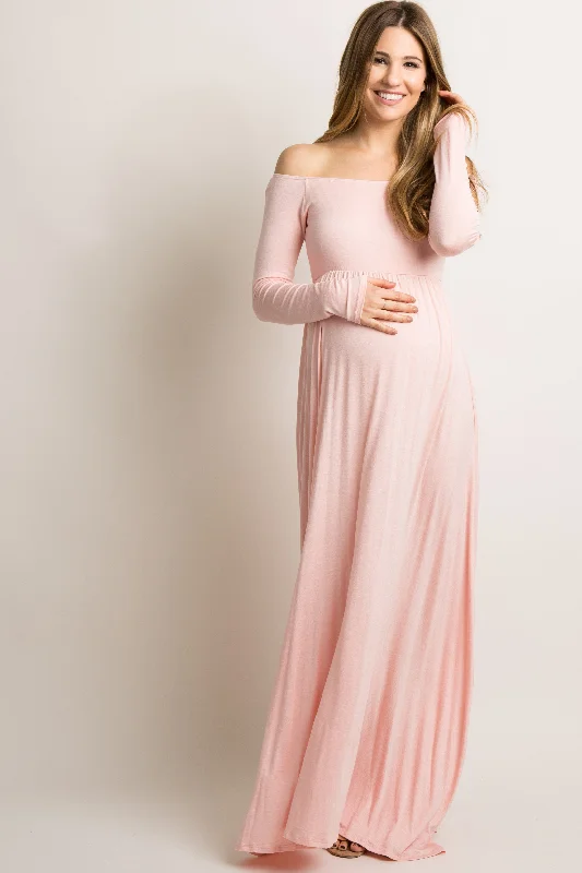 PinkBlush Pink Solid Off Shoulder Maternity Maxi DressKimono Dress