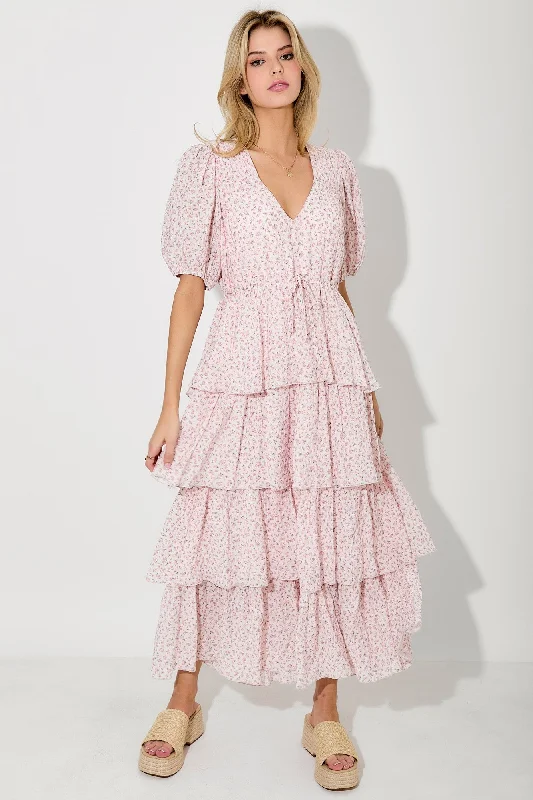 Light Pink Floral Ruffle Tiered Maxi DressStrapless Dress