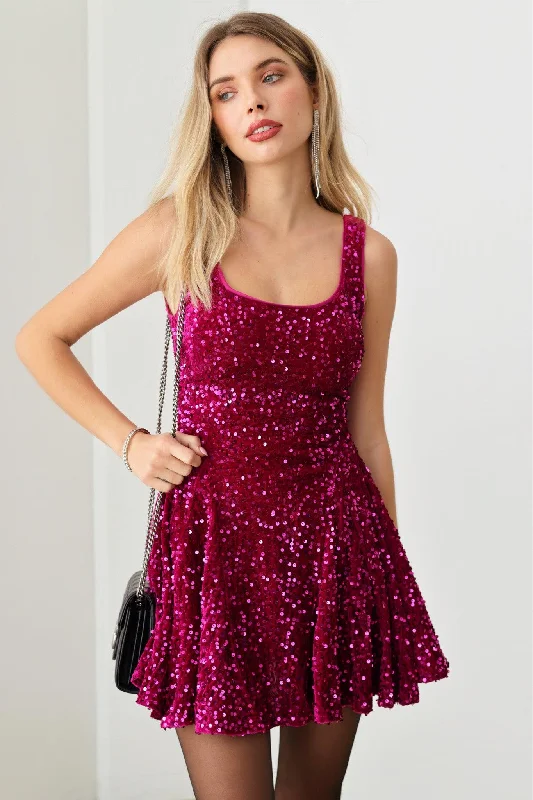 Sequin Velour Cocktail Flare Silhouette Corset A- Line Mini DressHalter Dress