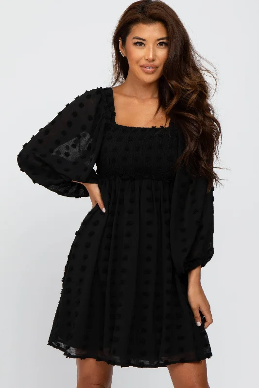 Black Textured Dot Smocked Square Neck Chiffon DressCocktail Dress