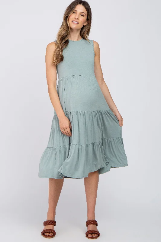 Light Olive Tiered Sleeveless Maternity Midi DressWedding Dress