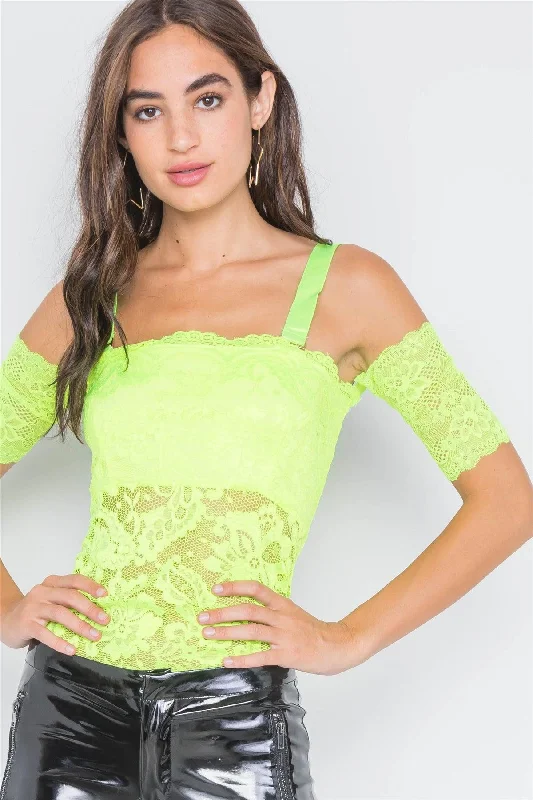 CamisoleSphinxNeon Green Cami Off-The-Shoulder Floral Lace Bodysuit /2-2-2