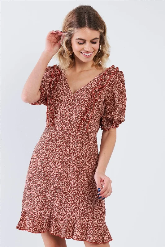 Brick Red Floral Flounce V-Neck Puff Sleeve Mini Boho Dress /3-2-1Shift Dress