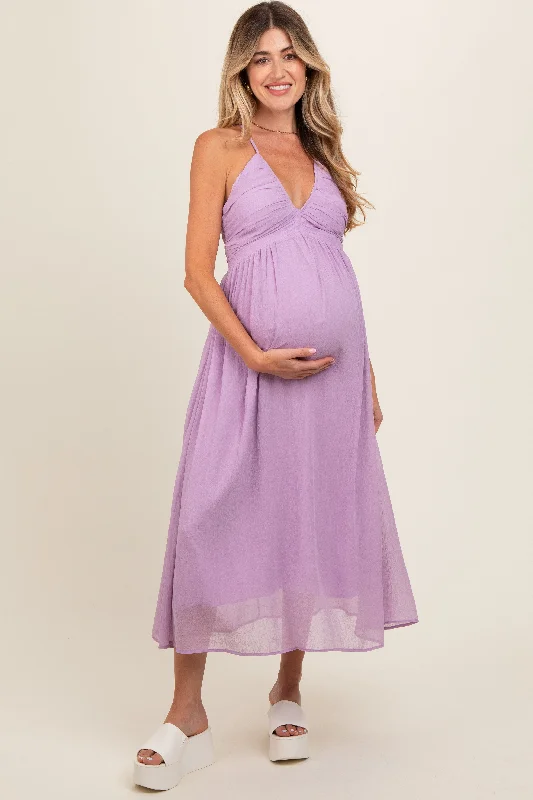 Lavender Ruched V-Neck Maternity Midi DressMidi Dress