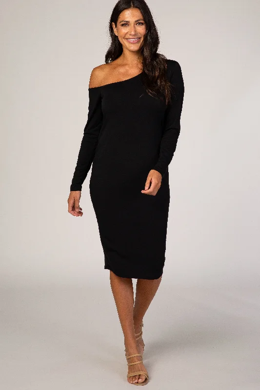 PinkBlush Black One Shoulder Fitted Midi DressSilk Dress