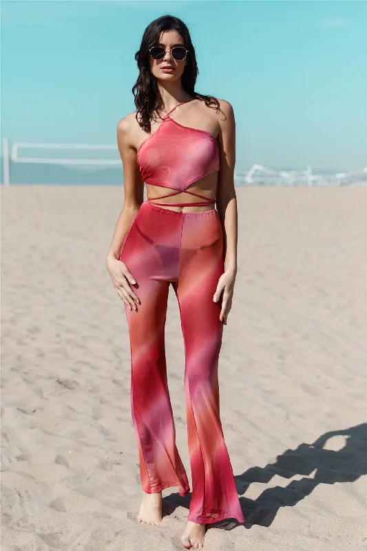 Tie-Dye Mesh Halter Neck Wrap Top Flare Pant Set