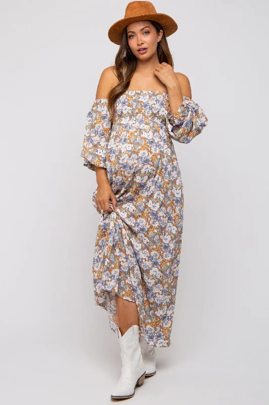 Taupe Floral Print Off Shoulder Smocked Maternity Maxi DressStrapless Dress