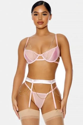 Baby Pink Satin Mesh Diamond Three Piece Set Lingerie