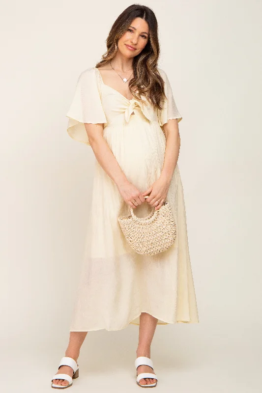 Cream Front Tie Ruffle Sleeve Maternity Midi DressRain Dress