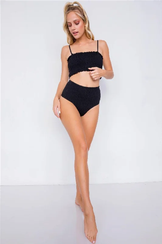 Convertible bikiniBlack Ruched Square Neck High Waist Bikini Set /1-1-1