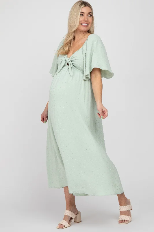 Mint Green Textured Dot Front Tie Ruffle Sleeve Maternity Midi DressInsulated Dress