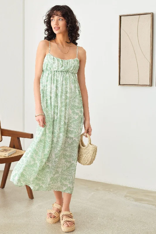 Sleeveless Shirring Tropical Print Adjustable Strap Midi DressMini Dress