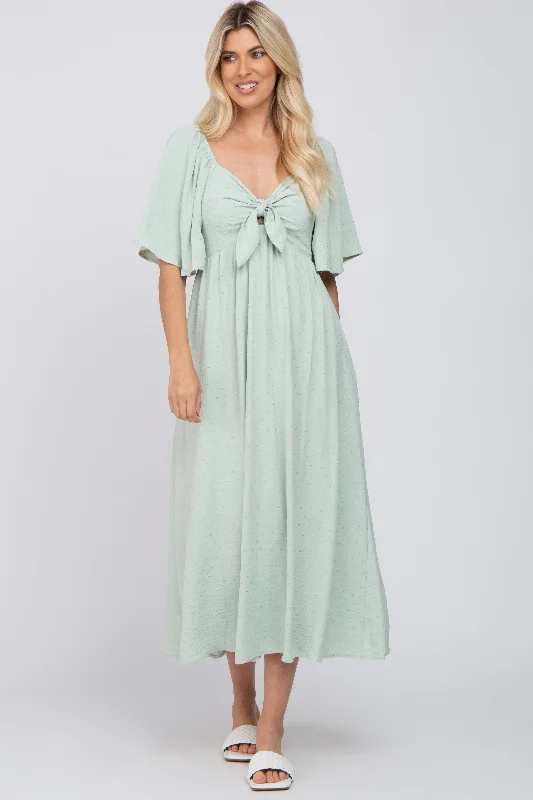 Mint Green Textured Dot Front Tie Ruffle Sleeve Midi DressReflective Dress