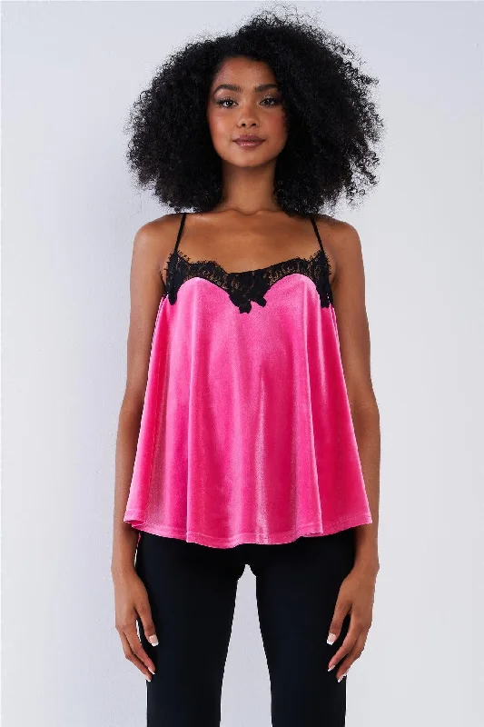 CamisoleApexRaspberry Pink Velvet Black Lace Hem Detail Cami Top /1-2-2-1