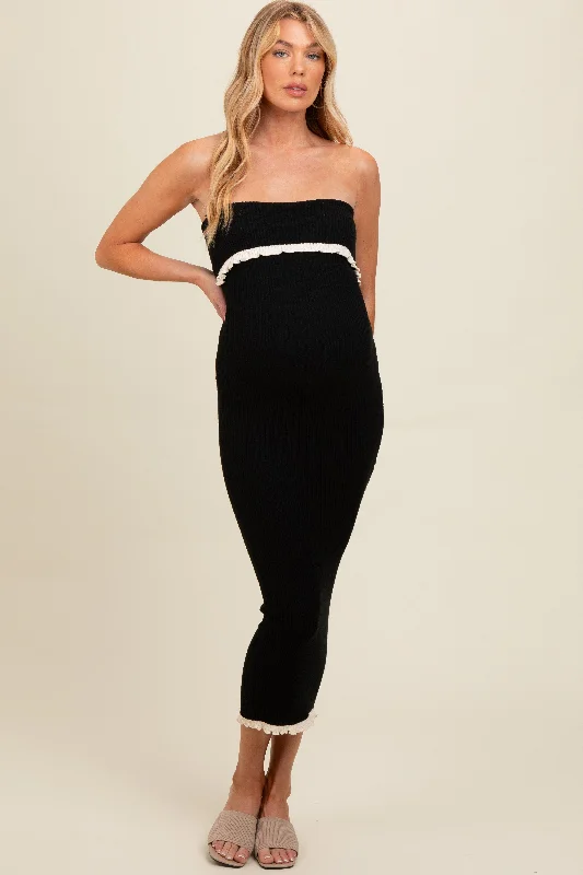 Black Contrast Trim Maternity Strapless Knit DressTulle Dress