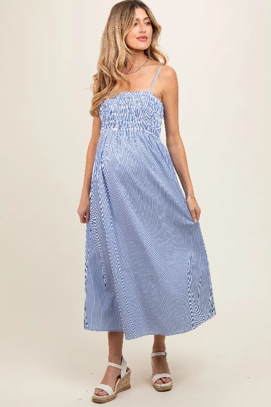 Blue Bartlett Striped Smocked Maternity Midi DressSlit Dress