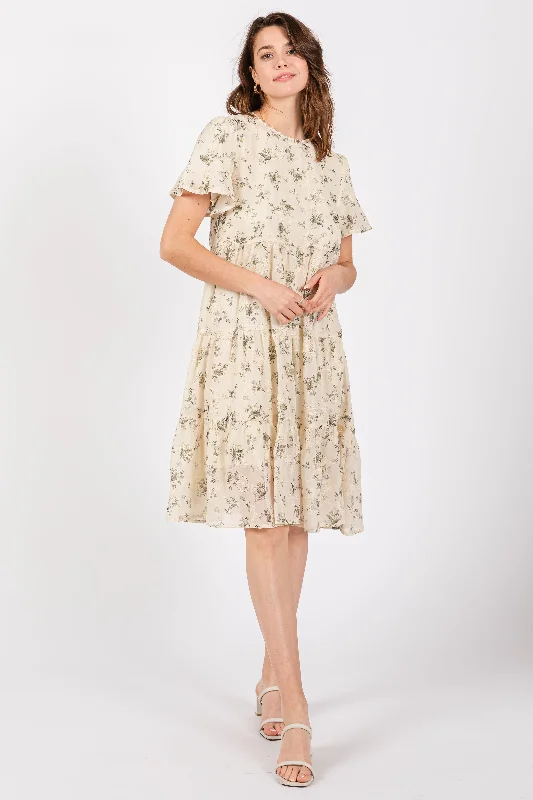 Cream Floral Print Eyelet Lace DressSheath Dress