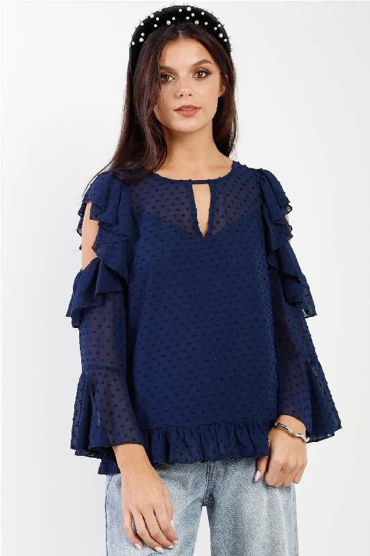 Navy Polka Dot Mesh Ruffle Cut-Out Details Top