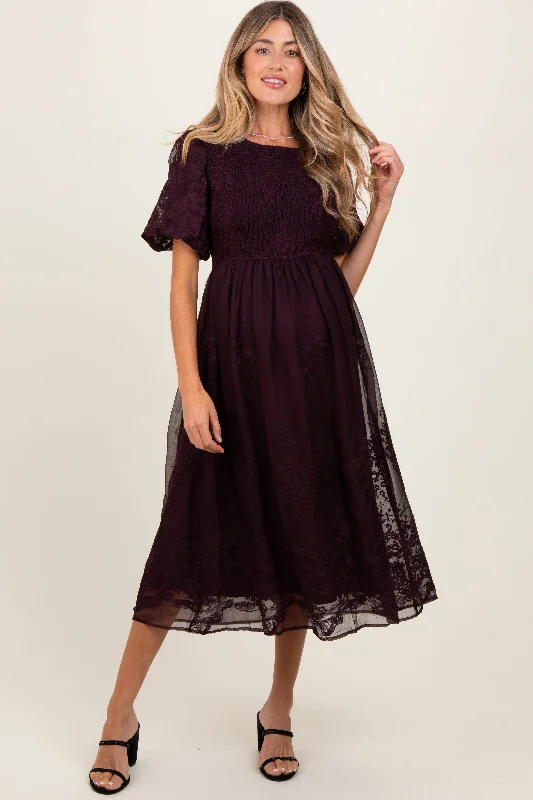 Plum Floral Lace Smocked Maternity Midi DressHigh-visibility Dress