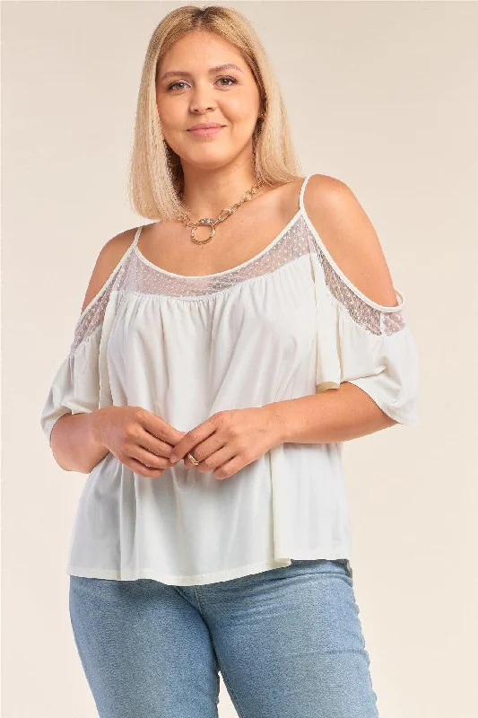 Junior Plus Size Ivory Relaxed Fit Off-The-Shoulder Polka Dot Mesh Hem Babydoll Top /2-2-2