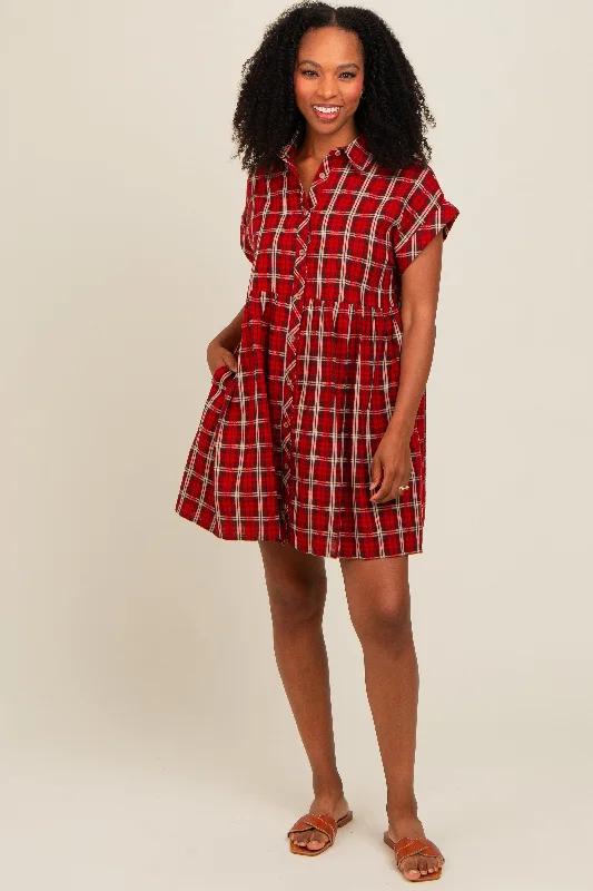 Red Plaid Rolled Cuff Sleeve Button Down DressHalter Dress