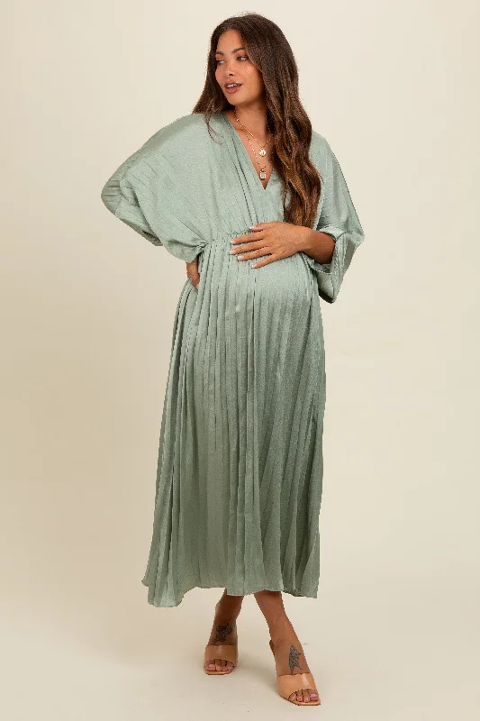 Light Olive Satin Pleated V-Neck Maternity Maxi DressShirt Dress