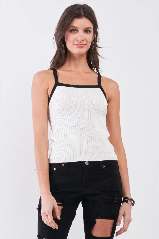 CamisoleBlazeIvory & Black Sleeveless Ribbed Knit Basic Cami Top /2-2-2