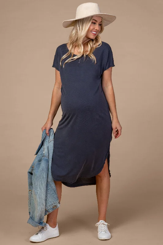 Navy Faded Curved Hem Maternity Midi DressBodycon Dress