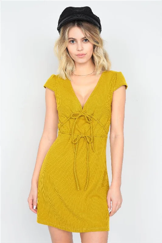 Mustard Ribbed V-Neck Cap Sleeve Mini Solid Casual Dress /3-2-1Short-sleeve Dress