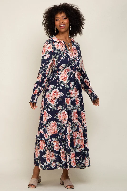 Navy Floral Smocked Ruffle Neck Maxi DressEvening Dress