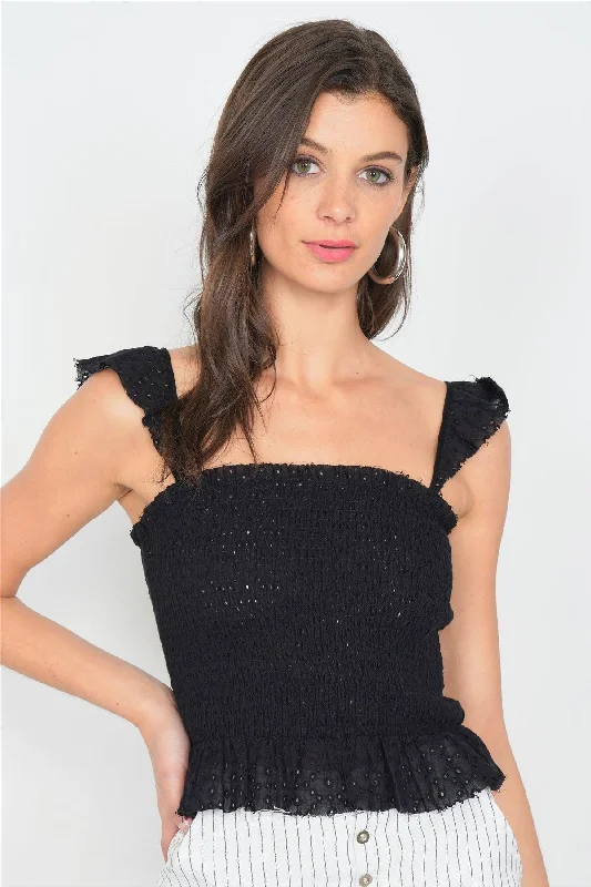 CamisoleSilverBlack Cotton Smocked Eyelet Frill Peplum Cami Strap Top /3-2-1