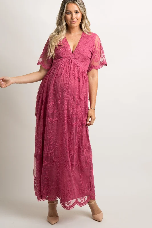 PinkBlush Magenta Lace Mesh Overlay Maternity Maxi DressGypsy Dress