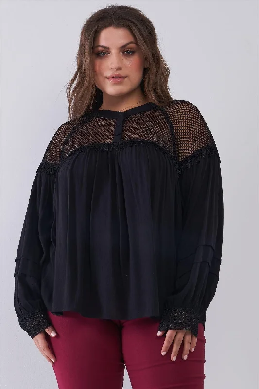 Junior Plus Size Black Boho Sheer Net Mesh Balloon Sleeve Detail Relaxed Top /2-2-2