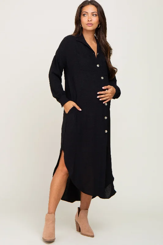 Black Button Down Front Pocket Maternity Midi DressProm Dress