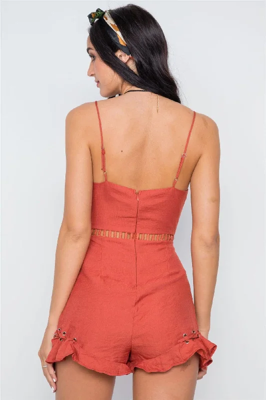 CamisoleOasisRust Crochet Trim Lace Up Ruffle Cami Romper /1-3-2-1