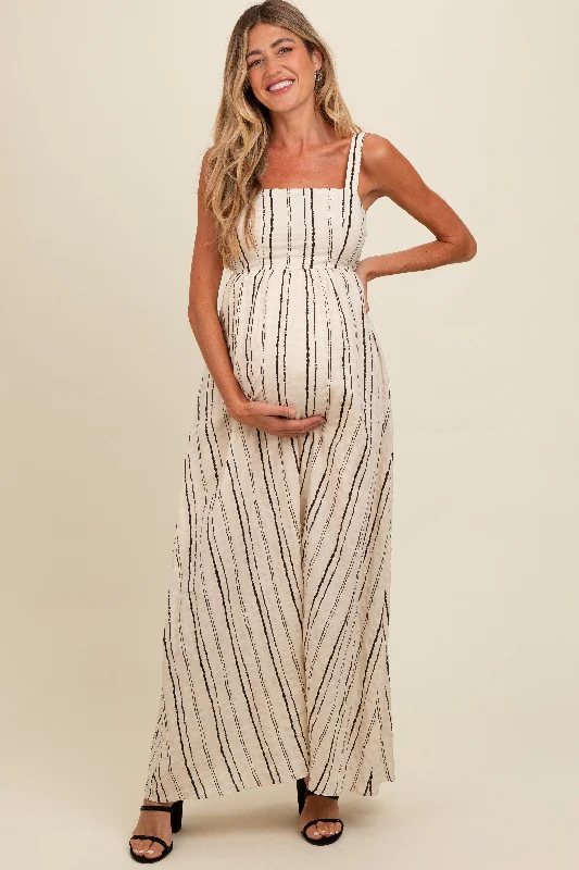 Cream Striped Back Cut Out Maternity Maxi DressSpaghetti Strap Dress