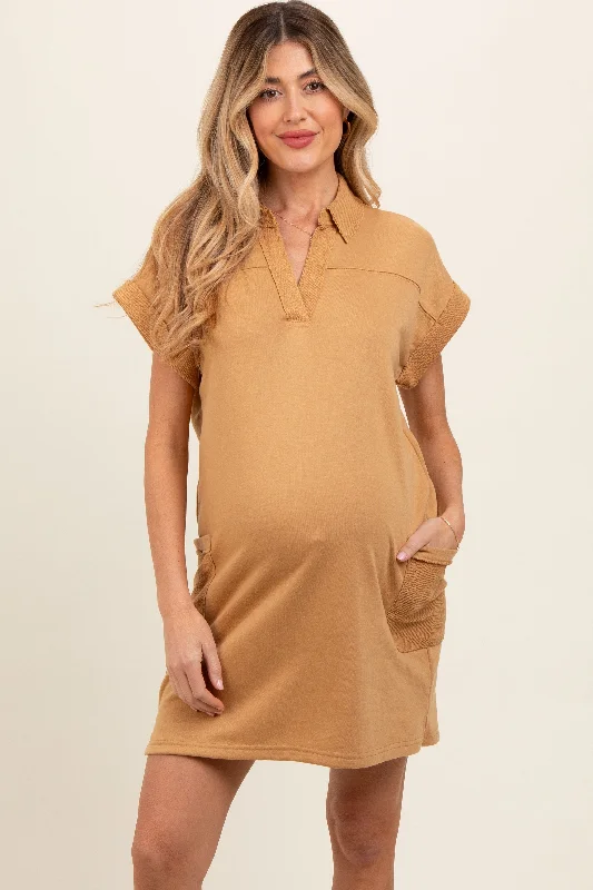 Mustard Terry Cuff Sleeve Pocketed Collared Maternity DressBodycon Dress