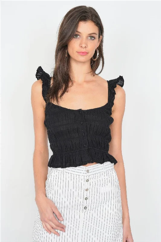 CamisoleGoldBlack Cotton Smocked Eyelet Frill Peplum Cami Strap Top /4-2-1