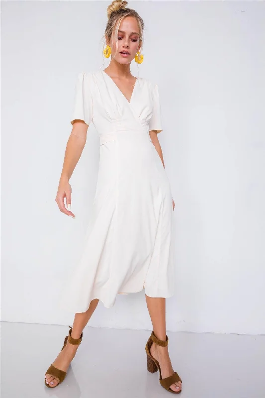 Yogurt V-Neck Mock Wrap Modern Midi Dress /3-2-1Cheerleader Dress