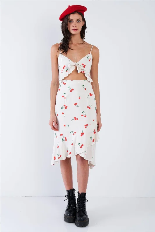 Cherry Print Front Cut Out Self-Tie Midi Dress /3-2-1Ball Gown