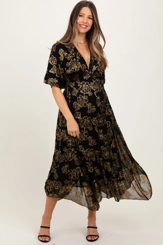 Black Metallic Floral Jacquard Overlay Maternity Maxi DressDirndl Dress