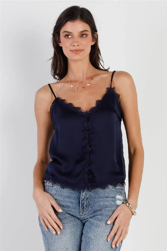 CamisoleFusionNavy Satin Effect Button Up Lace Trim Cami Top /1-2-2-1