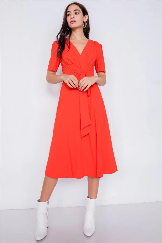 Blood Orange V-Neck Mock Wrap Modern Midi Dress /3-2-1Tennis Dress