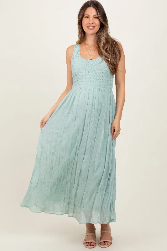 Light Olive Textured Smocked Bodice Sleeveless Maternity Maxi DressFit-and-Flare Dress