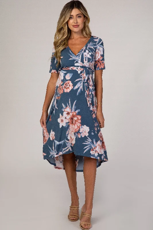 Blue Floral Draped Hi-Low Maternity DressMaxi Dress